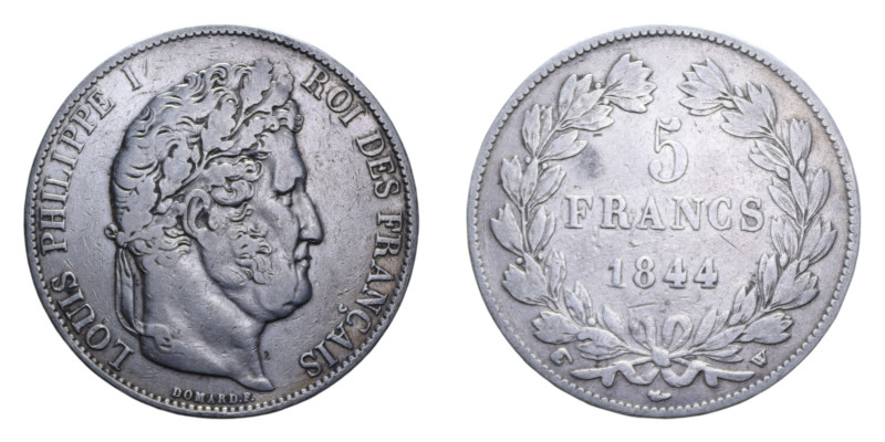 FRANCA LUIGI FILIPPO I 5 FRANCS 1844 W AG. 24,69 GR. BB