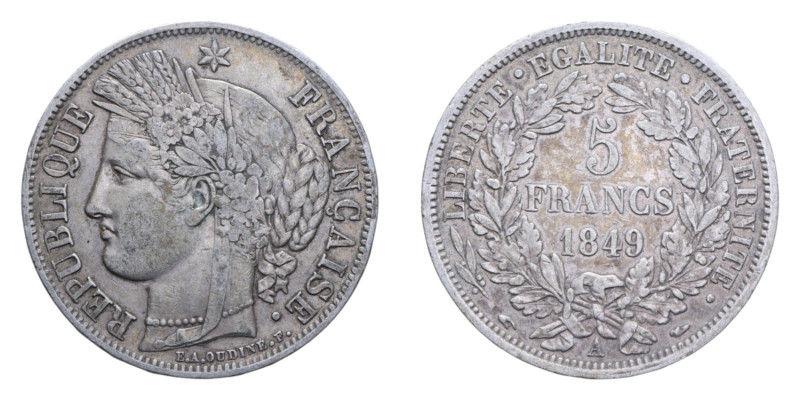 FRANCIA REPUBBLICA 5 FRANCS 1849 A AG. 24,87 GR. BB+