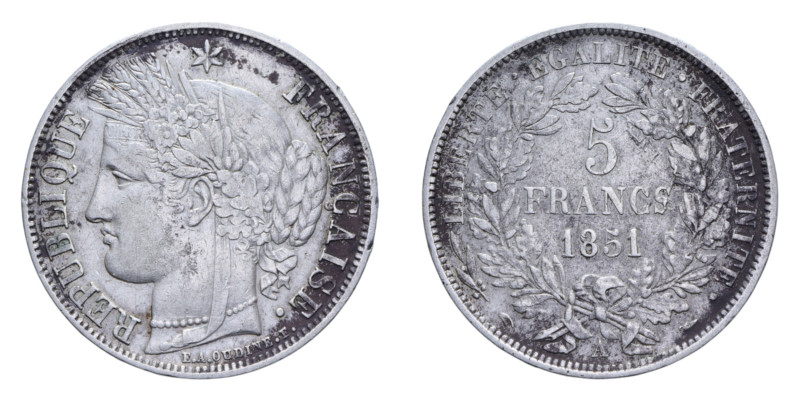 FRANCIA REPUBBLICA 5 FRANCS 1851 A AG. 24,85 GR. BB+/BB