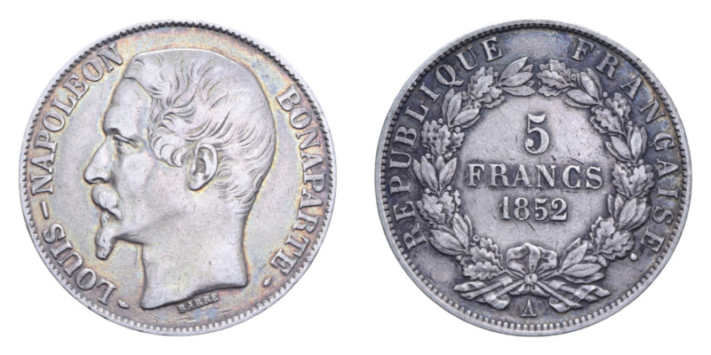 FRANCIA LUIGI NAPOLEONE 5 FRANCS 1852 A AG. 24,81 GR. BB+