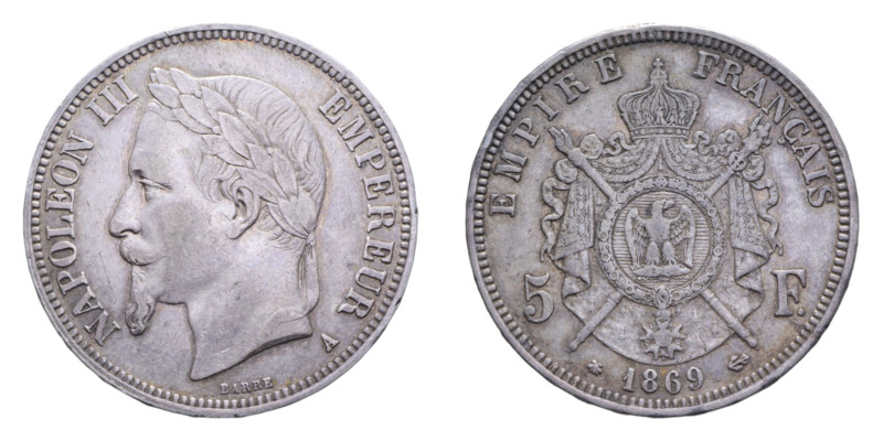 FRANCIA NAPOLEOENE III 5 FRANCS 1869 A AG. 24,97 GR. BB-SPL