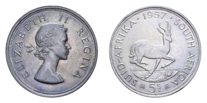 SUD AFRICA ELISABETTA II 5 SHILLINGS 1957 AG. 28,30 GR. qSPL/SPL