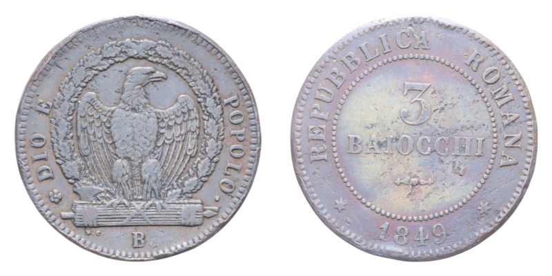 SECONDA REPUBBLICA ROMANA (1848-1849) 3 BAIOCCHI 1849 BOLOGNA CU. 25,64 GR. BB