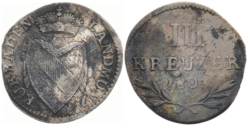 BADEN - DURLACH
Karl Friedrich, 1738 / 1746 - 1811. 3 Kreuzer 1803. AKS 5; J. K...