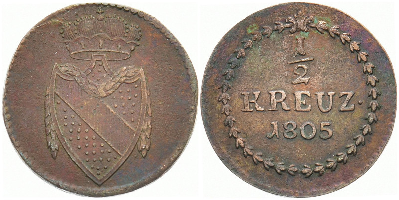 BADEN - DURLACH
Karl Friedrich, 1738 / 1746 - 1811. 1/2 Kreuzer 1805. AKS 7; J....