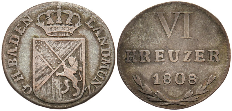 BADEN - DURLACH
Karl Friedrich, 1738 / 1746 - 1811. 6 Kreuzer 1808. AKS 17; J. ...