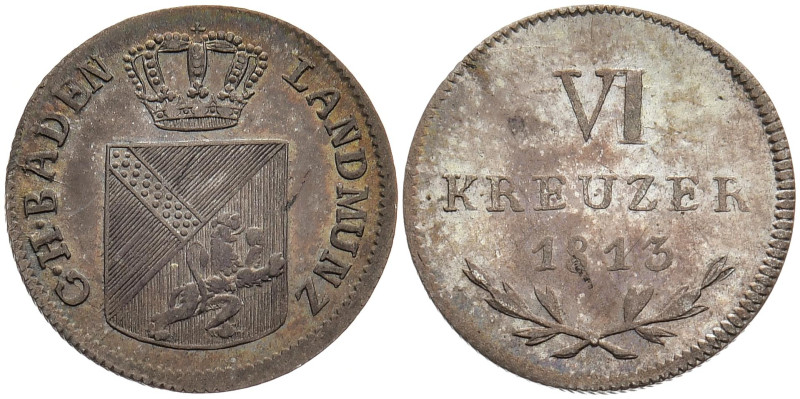 BADEN - DURLACH
Karl Ludwig Friedrich, 1811 - 1818. 6 Kreuzer 1813. AKS. 27; J....