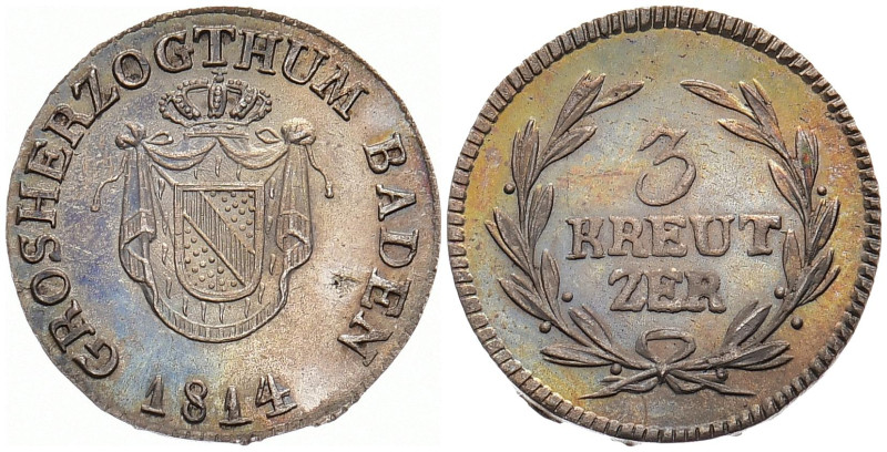 BADEN - DURLACH
Karl Ludwig Friedrich, 1811 - 1818. 3 Kreuzer 1814. AKS. 31; J....