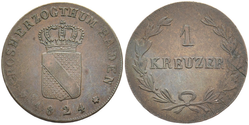 BADEN - DURLACH
Ludwig, 1818 - 1830. Kreuzer 1824. AKS 65; J. 27. 5.09 g. Sehr ...