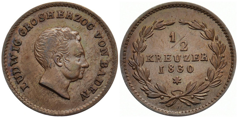 BADEN - DURLACH
Ludwig, 1818 - 1830. 1/2 Kreuzer 1830. AKS 108; J. 43a. 1.86 g....