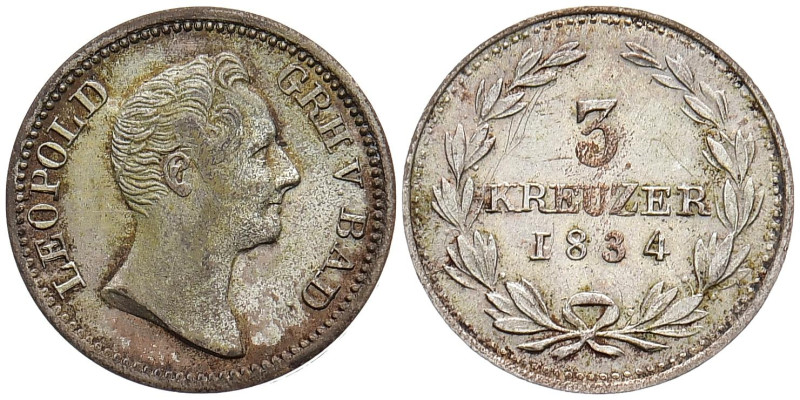 BADEN - DURLACH
Karl Leopold Friedrich, 1830 - 1852. 3 Kreuzer 1834. AKS 102; J...