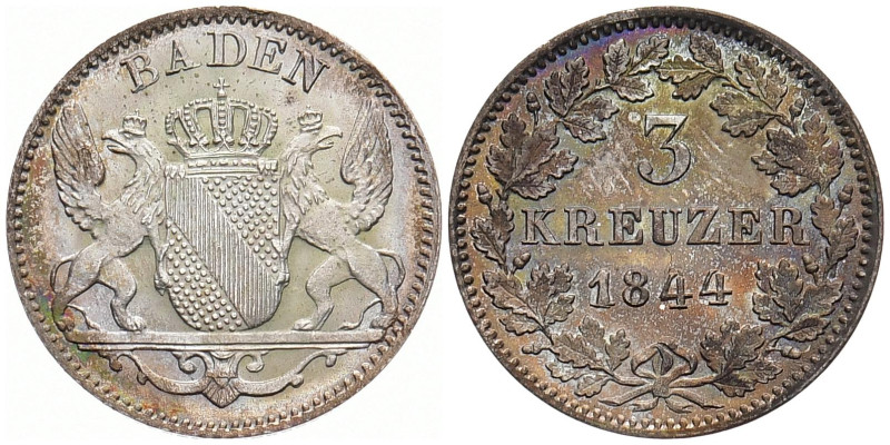 BADEN - DURLACH
Karl Leopold Friedrich, 1830 - 1852. 3 Kreuzer 1844. AKS 103; J...