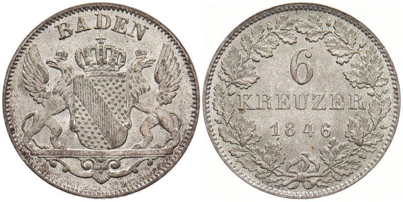 BADEN - DURLACH
Karl Leopold Friedrich, 1830 - 1852. 6 Kreuzer 1846. AKS 101; J...