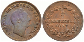 BADEN - DURLACH
Karl Leopold Friedrich, 1830 - 1852. 1/2 Kreuzer 1852. AKS 109; J. 43b. 2.02 g. Min. Kratzer, vorzüglich +