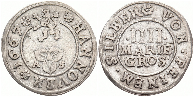 HANNOVER, Stadt
 4 Mariengroschen 1667. Buck/Meier 253. 2.27 g. Sehr schön