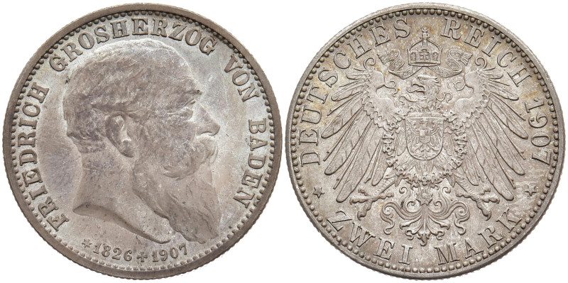 REICHSSILBERMÜNZEN BADEN
Friedrich I., 1856-1907. 2 Mark 1907, mit Lebensdaten....