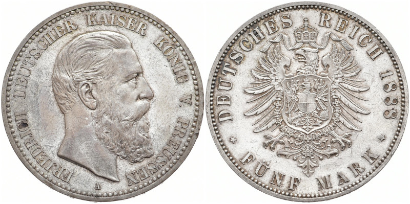 REICHSSILBERMÜNZEN PREUSSEN
Friedrich III., 1888. 5 Mark 1888 A. J. 99. 27.83 g...