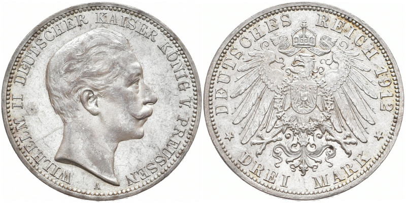 REICHSSILBERMÜNZEN PREUSSEN
Wilhelm II., 1888-1918. 3 Mark 1912 A. J. 103. 16.6...