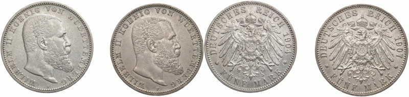 REICHSSILBERMÜNZEN WÜRTTEMBERG
Wilhelm II., 1891-1918. 5 Mark 1904 F, 1907 F. J...