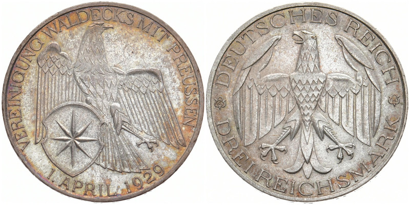 WEIMARER REPUBLIK
 3 Mark 1929 A. Waldeck. J. 337. 15.03 g. Vorzüglich-Stempelg...