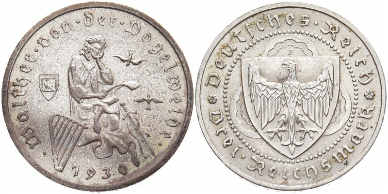 WEIMARER REPUBLIK
 3 Mark 1930 F. Vogelweide. J. 344. 15.01 g. Vorzüglich +