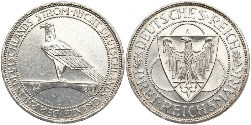 WEIMARER REPUBLIK
 3 Mark 1930 A. Rheinlandräumung. J. 345. 14.96 g. Min. gerei...