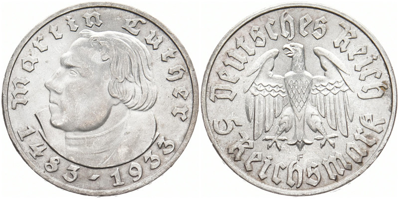 DRITTES REICH
 5 Reichsmark 1933 F. Martin Luther. J. 353. 13.97 g. Vorzüglich-...