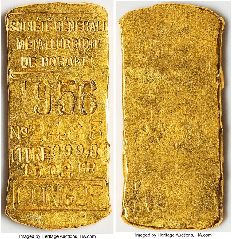 Société Générale Métallurgique de Hoboken gold Bar of 3.22 Ounces 1956 UNC, 61x2...