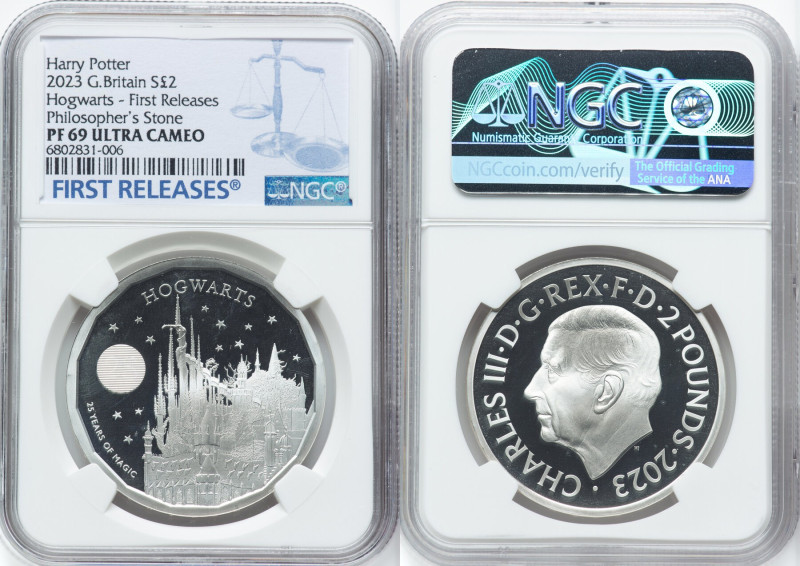 Charles III silver Proof "Hogwarts" 2 Pounds (1 oz) 2023 PR69 Ultra Cameo NGC, M...