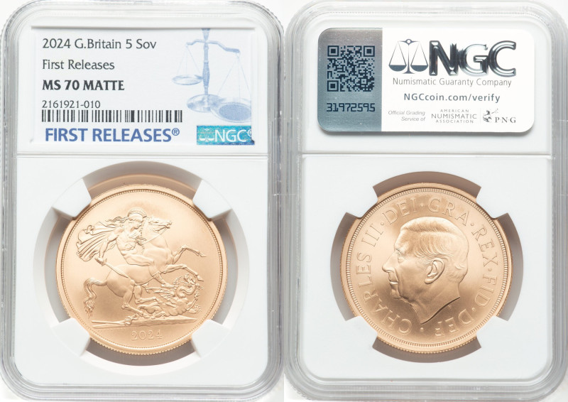 Charles III gold Matte Proof 5 Pounds 2024 MS70 NGC, Mintage: 385. First release...