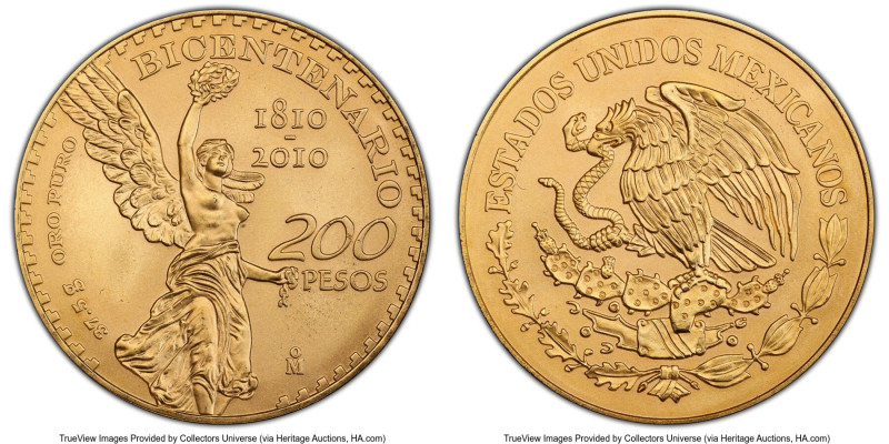 Estados Unidos gold "Bicentenary" 200 Pesos 2010-Mo MS69 PCGS, Mexico City mint,...