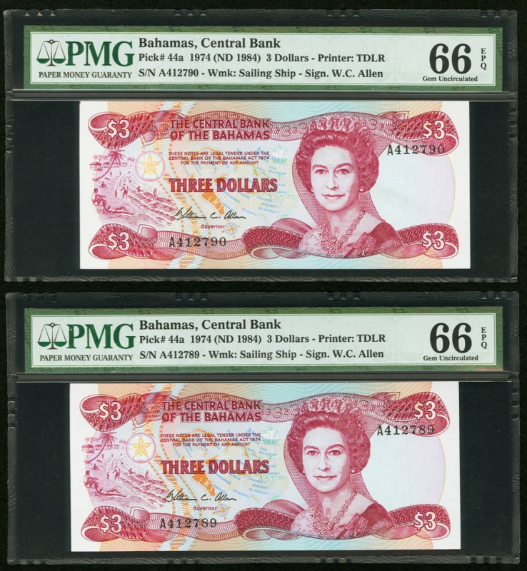Bahamas Central Bank of the Bahamas 3 Dollars 1974 (ND 1984) Pick 44a Five Conse...