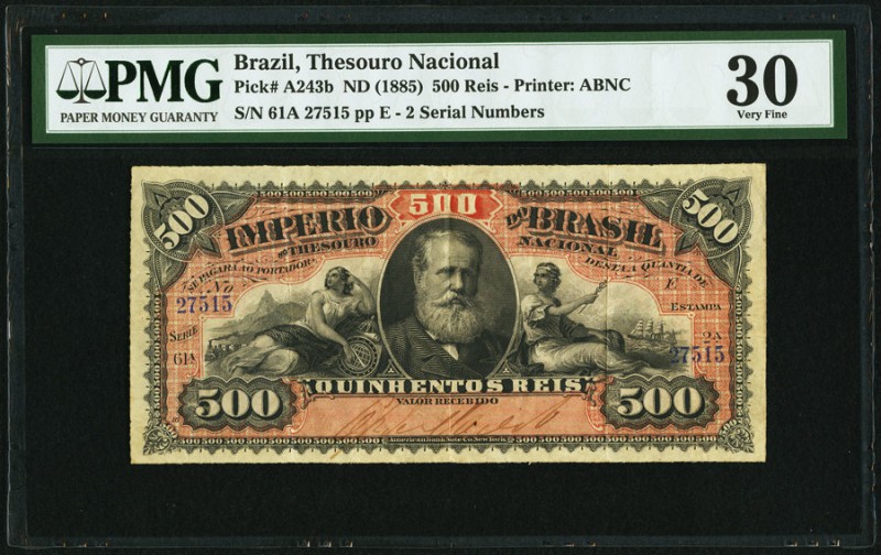 Brazil Thesouro Nacional 500 Mil Reis ND (1885) Pick A243b PMG Very Fine 30. 

H...