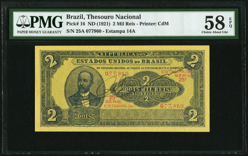 Brazil Thesouro Nacional 2 Mil Reis ND (1921) Pick 16 PMG Choice About Unc 58 EP...