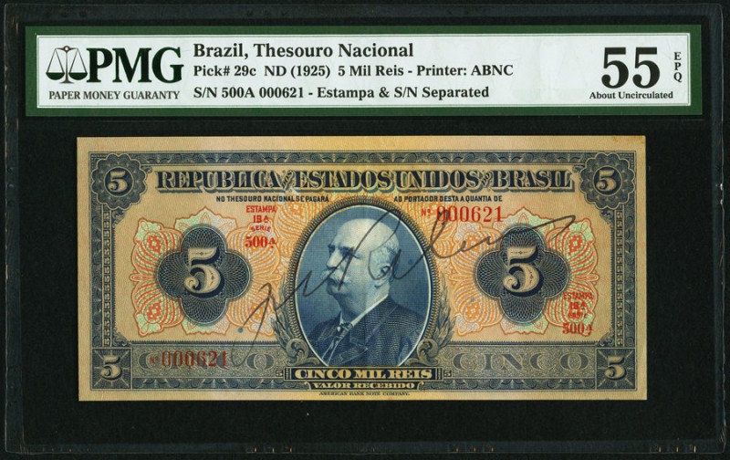 Brazil Thesouro Nacional 5 Mil Reis ND (1925) Pick 29c PMG About Uncirculated 55...
