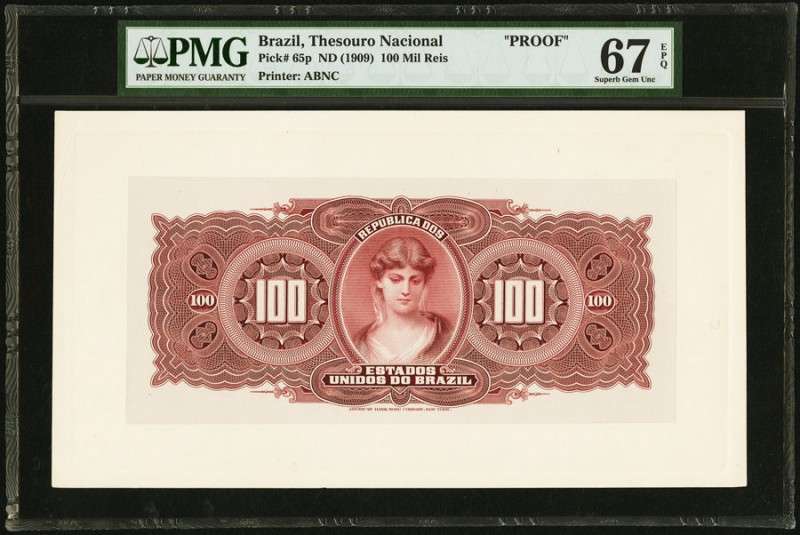 Brazil Thesouro Nacional 100 Mil Reis ND (1909) Pick 65p Proof PMG Superb Gem Un...