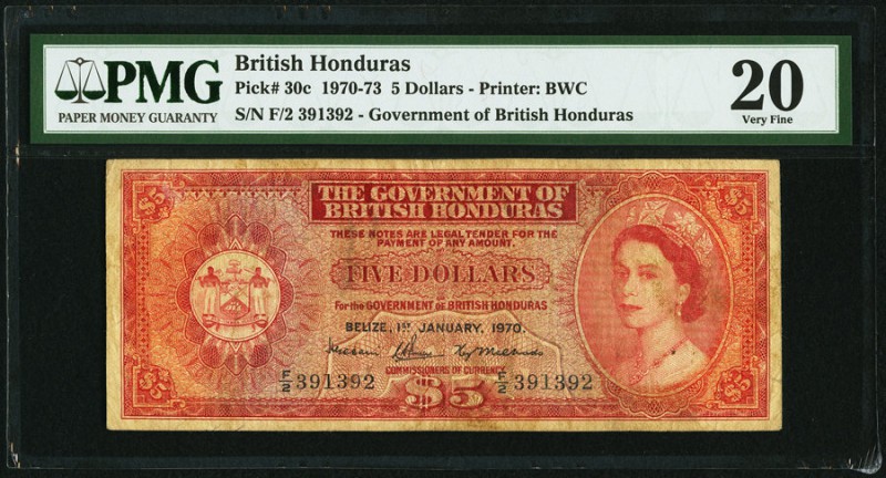 British Honduras Government of British Honduras 5 Dollars 1.1.1970 Pick 30c PMG ...