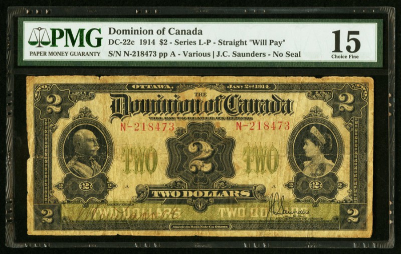 Canada Dominion of Canada 2 Dollars 1914 DC-22c PMG Choice Fine 15. 

HID0980124...