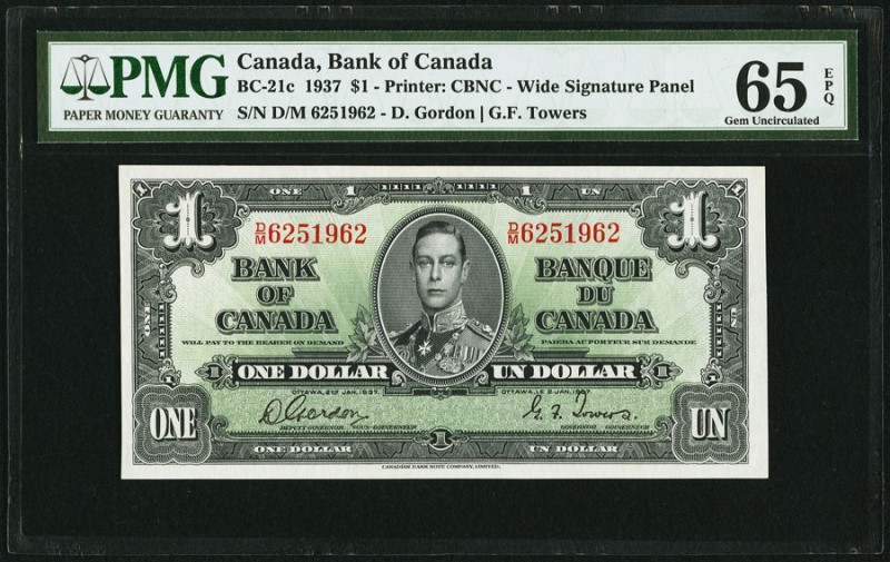 Canada Bank of Canada 1 Dollar 2.1.1937 BC-21c PMG Gem Uncirculated 65 EPQ. 

HI...