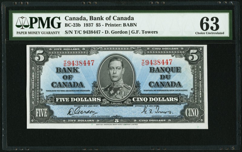 Canada Bank of Canada 5 Dollars 2.1.1937 BC-23b PMG Choice Uncirculated 63. 

HI...