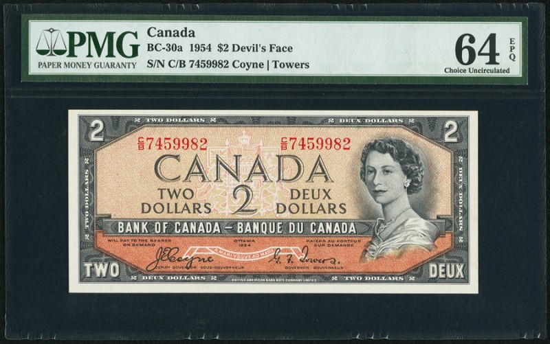 Canada Bank of Canada 2 Dollars 1954 BC-30a "Devil's Face" PMG Choice Uncirculat...