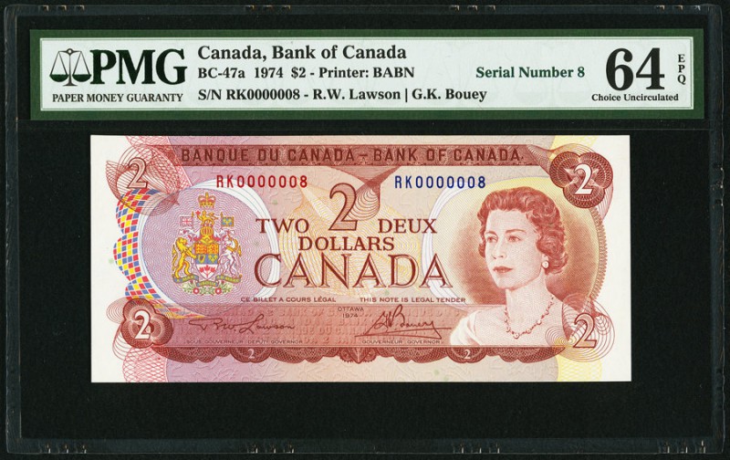 Canada Bank of Canada 2 Dollars 1794 BC-47a Serial Number 8 PMG Choice Uncircula...