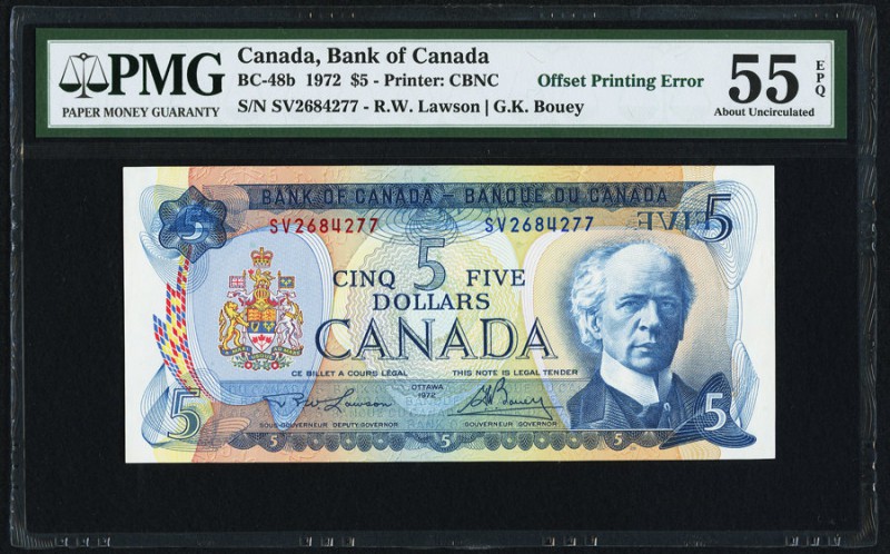 Canada Bank of Canada 5 Dollars 1972 BC-48b Offset Printing Error PMG About Unci...