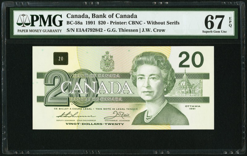 Canada Bank of Canada 20 Dollars 1991 BC-58a PMG Superb Gem Unc 67 EPQ. 

HID098...
