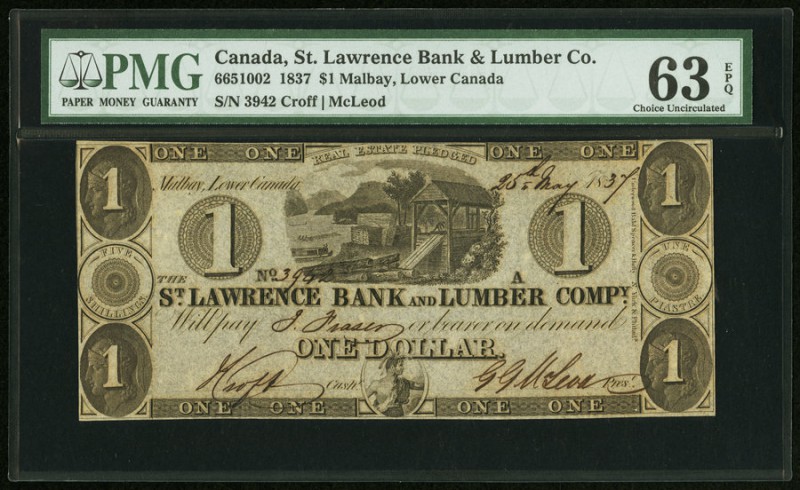 Canada St. Lawrence Bank and Lumber Company 1 Dollar 25.5.1837 Ch.#665-10-02 PMG...