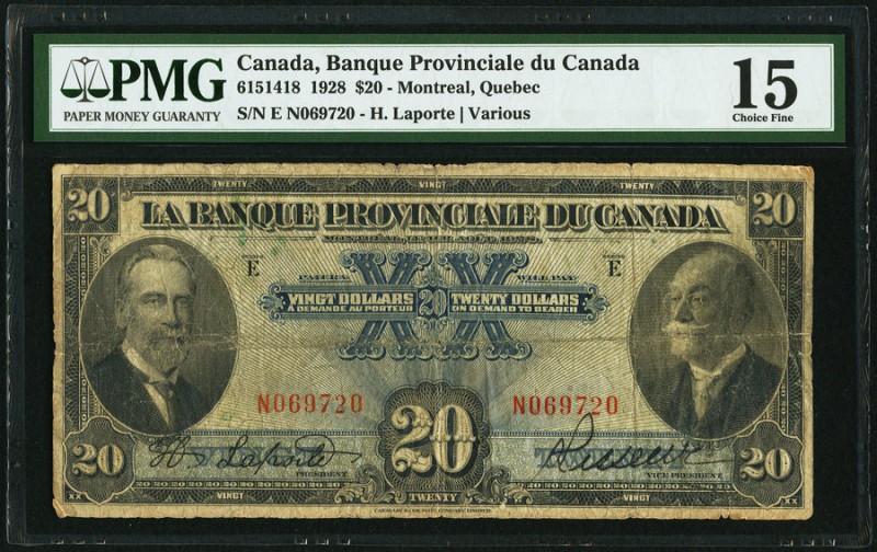 Canada Banque Provinciale du Canada 20 Dollars 1928 Ch.# 615-14-18 PMG Choice Fi...