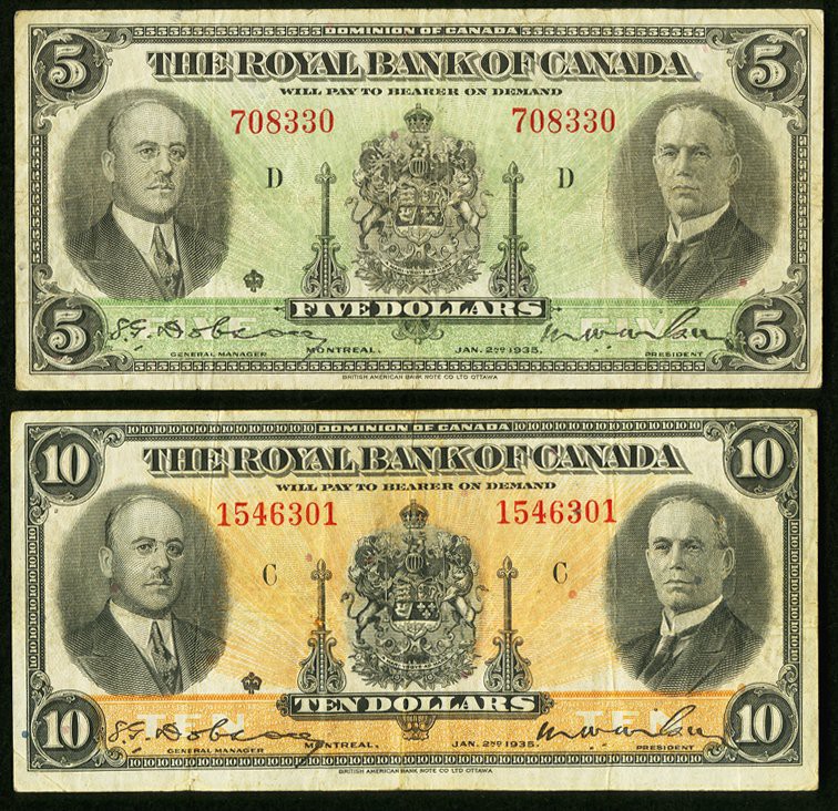 Montreal, PQ- Royal Bank of Canada 5; 10 Dollars 2.1.1935 Ch.# 630-18-02; 630-18...