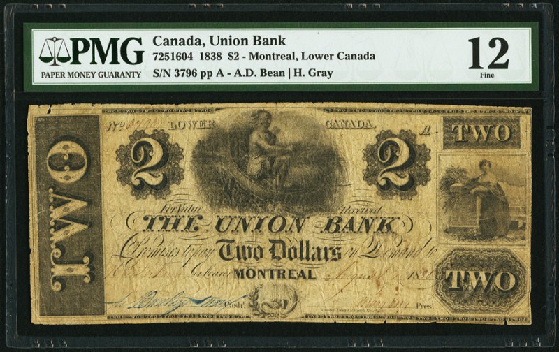 Canada Union Bank of Canada 2 Dollars 8.1838 Ch.# 725-16-04 PMG Fine 12. 

HID09...