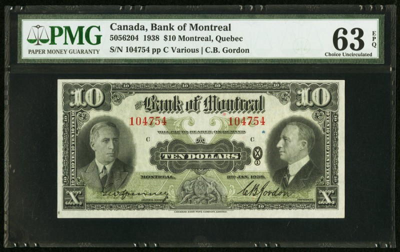 Canada Bank of Montreal 10 Dollars 3.1.1938 Ch.# 505-62-04 PMG Choice Uncirculat...