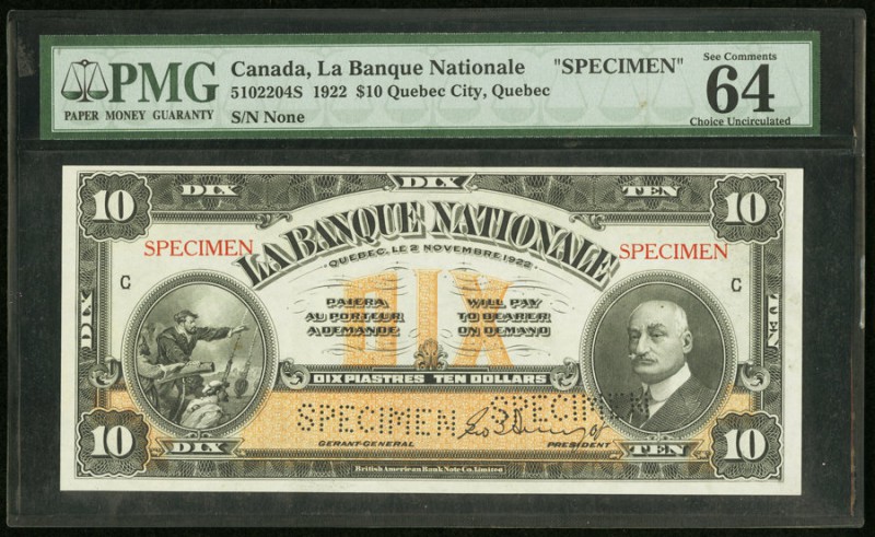 Canada Banque Nationale 10 Dollars 2.11.1922 Ch.# 510-22-04S Specimen PMG Choice...